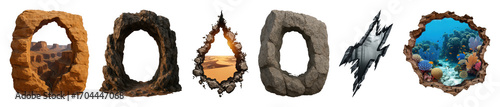 Rock formation set including natural arches, cracked openings, and textured windows isolated. Digital design elements and backgrounds.