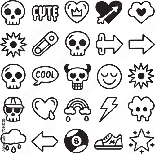 black and white emoticon vector pack featuring skull crown heart cloud safety pin and rain designs for sticker sheets