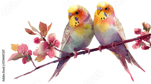 Watercolour painting of two budgies on branch of lovebirds on white background 