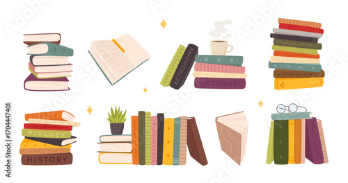 A vector set with stacks of books, a coffee mug, a houseplant, and glasses, perfect for educational and classroom themes.