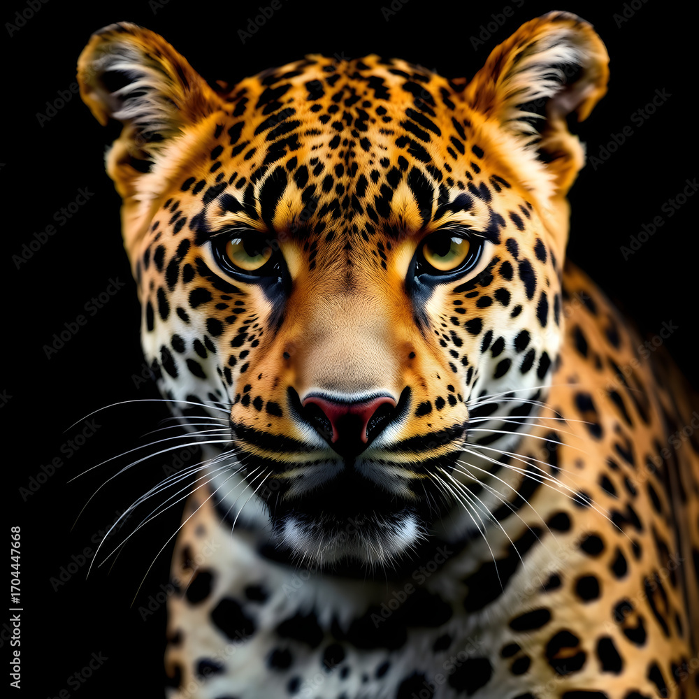 Obraz premium Majestic Leopard Close-Up Portrait on Black Background – Powerful Gaze of Wild Big Cat in High Detail