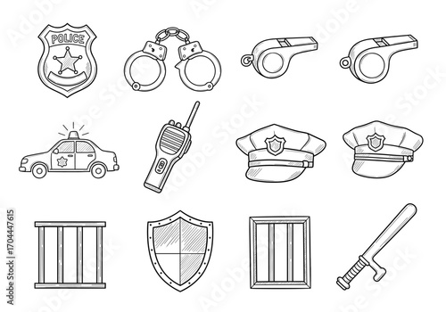 Set of 10 police icons in hand drawn doodle style. Vector illustration with badge, handcuffs, whistle, police car, walkie talkie, flashlight, hat, jail bars
