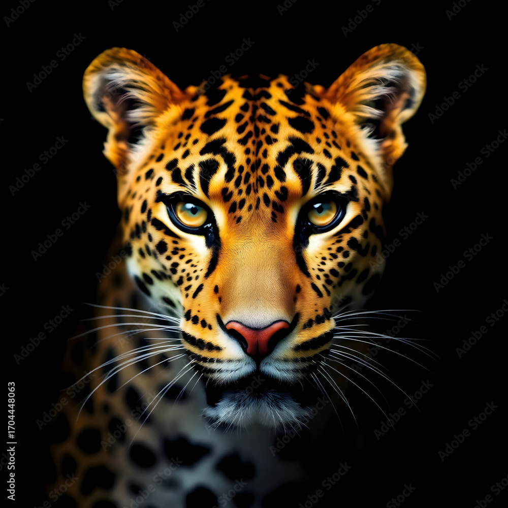 Obraz premium Majestic Leopard Close-Up Portrait on Black Background – Powerful Gaze of Wild Big Cat in High Detail