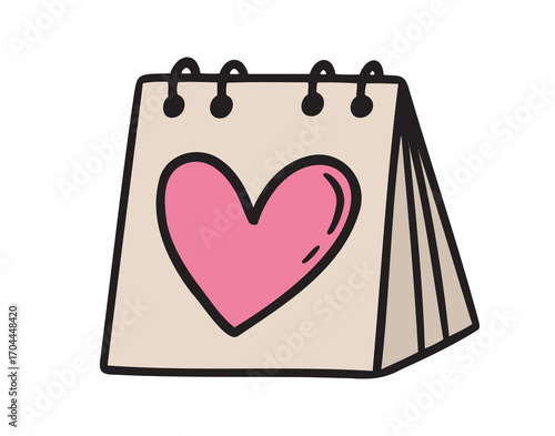 Flip up desk calendar big pink heart, day of meeting, love day, date doodle hand drawn icon. colorful cartoon line drawing clipart symbol