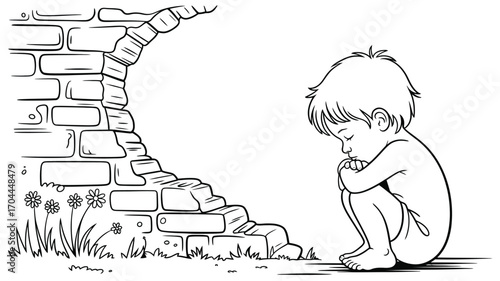 Lost in thought, sad child sits alone by old stone wall, monochrome illustration for children's book