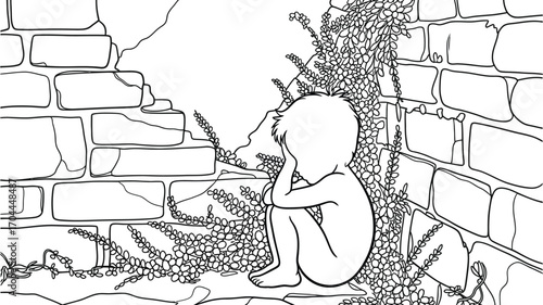 Lonely child sits near stone wall with climbing flowers and thinks about the world around them