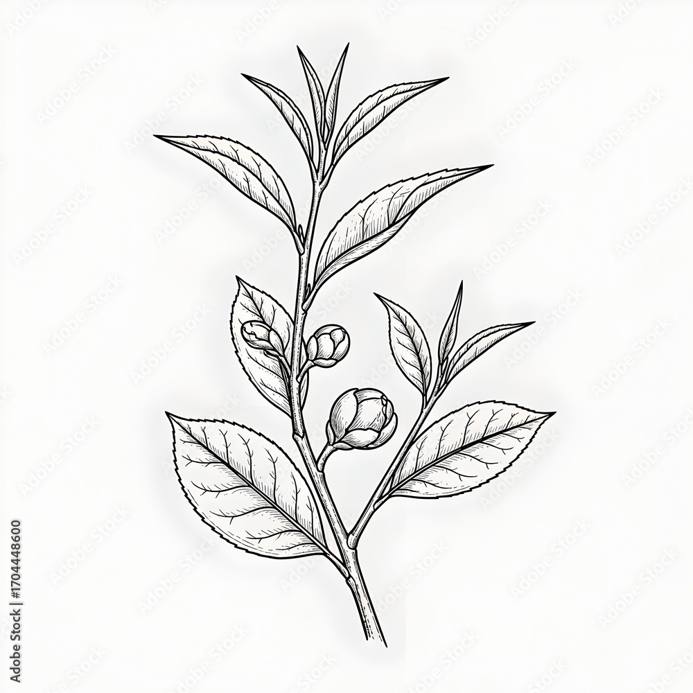 Fototapeta premium Engraving style illustration of tea branch with buds and leaves, detailed botanical drawing for herbal, culinary and natural design.