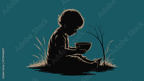 Lost child in a silhouette holding an empty bowl, poverty concept with a single tree on earth