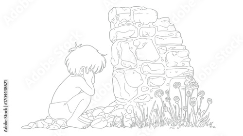 Boy gazes at stone wall with flowers, a wistful scene evoking contemplation and quiet reflection, peaceful