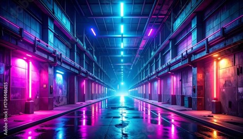 Fototapeta Naklejka Na Ścianę i Meble -  Neon-lit industrial tunnel