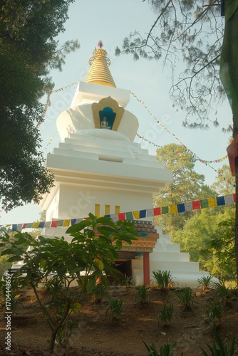 Buddhist Stupa with Prayer Flags and Golden Spire, Low-Angle View