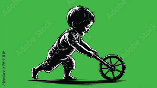 Adorable toddler joyfully playing with vintage wheel toy on vibrant green backdrop, capturing childhood innocence