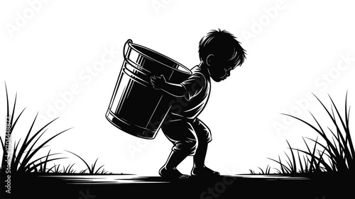 Little boy carrying heavy bucket through grass in monochrome illustration, symbol of burden and childhood