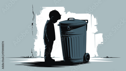 Sad young boy looking into trash can in dark alleyway, depicting poverty and childhood struggles