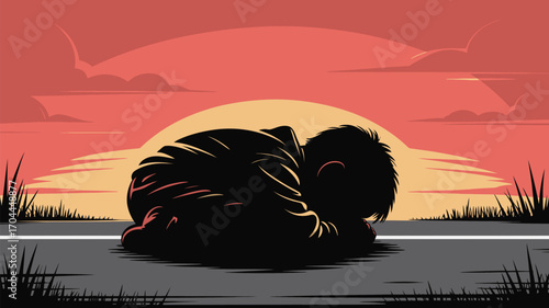 Alone and vulnerable boy sleeps on the side of the road at sunset feeling exhausted and despairing
