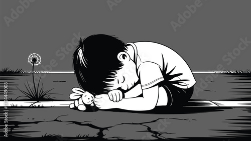 Sad boy embraces toy bunny near lonely dandelion, offering a tender moment of solitude and childhood innocence