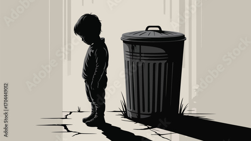 Sad silhouette of a young boy standing near trash can, evoking loneliness and despair in urban setting