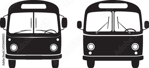 Two vintage bus fronts in a simple black silhouette design