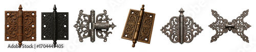 Ornate metal hinges set including rusty, dark, bronze, and silver antique styles isolated. Architectural hardware and vintage decor collection.