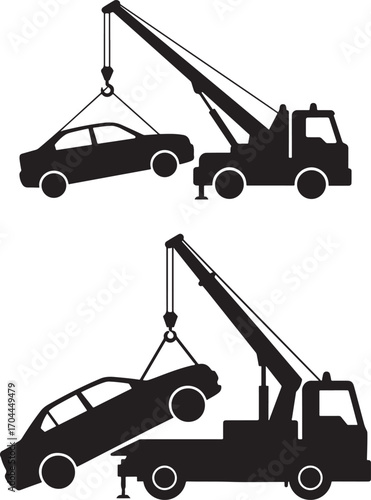 Two tow trucks lifting cars in a simple black silhouette style