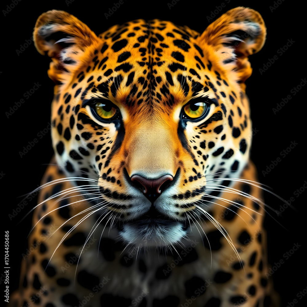 Obraz premium Majestic Leopard Close-Up Portrait on Black Background – Powerful Gaze of Wild Big Cat in High Detail