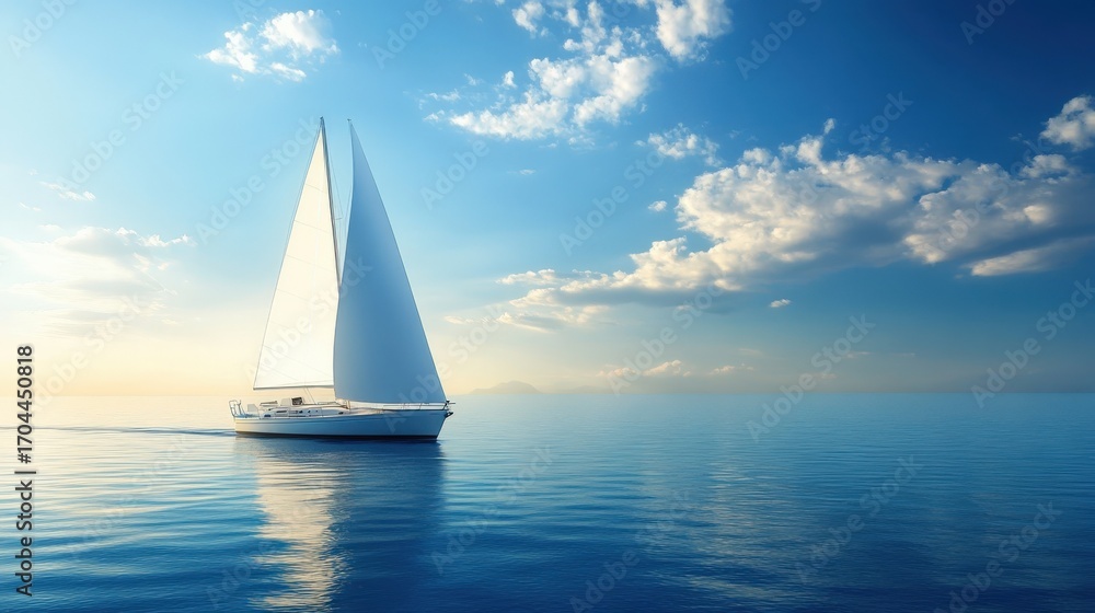 Obraz premium White sailboat sailing on a tranquil sea under a partly cloudy sky.