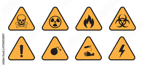 Industrial hazard vector icon set includes danger, toxic, radiation, flame, biohazard, caution, explosive, chemical, high voltage electricity symbol (workplace safety signage in black yellow triangle)