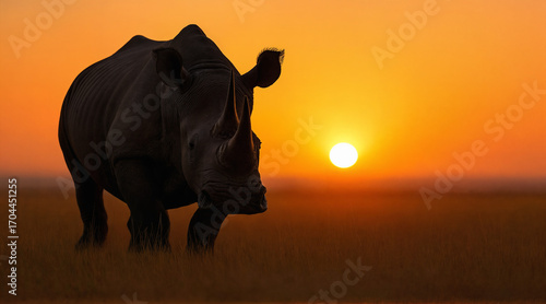 a rhino in the savannah at sunset. generative ai
