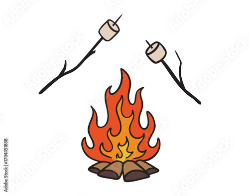 Camp marshmallow smore, Roast marshmallows over a campfire icon doodle hand drawn. colorful cartoon line drawing clipart symbol