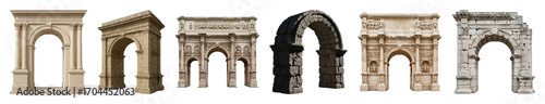 Architectural arches set including classical, Roman, weathered, and ornate stone structures isolated. Historical design elements and landmarks.