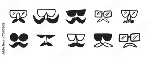 glasses and mustache male funny comic icon doodle hand drawn icon set. Outline drawing line clipart symbol collection