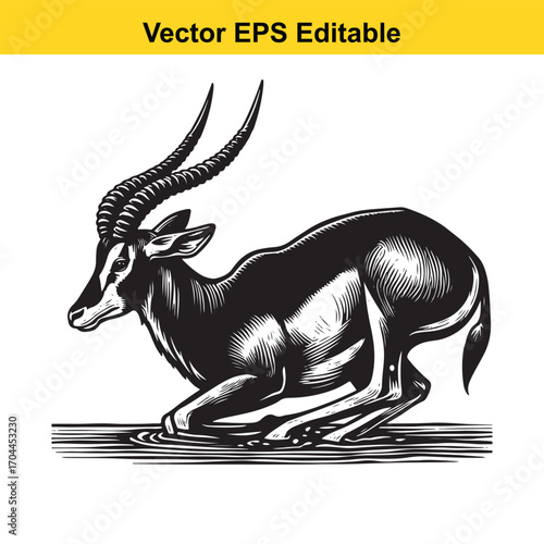Vector art of black and white illustration of a sable antelope kneeling on a
