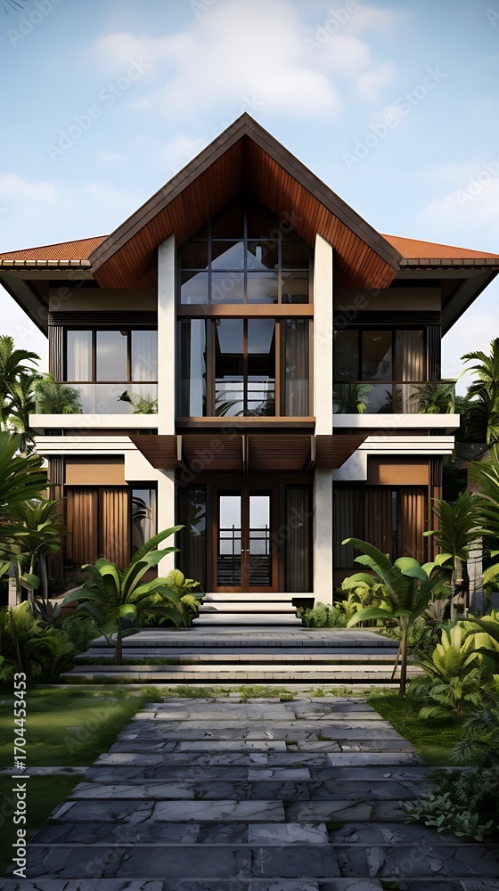 Obraz premium Contemporary architecture residence featuring a stunning exterior design amidst tropical foliage