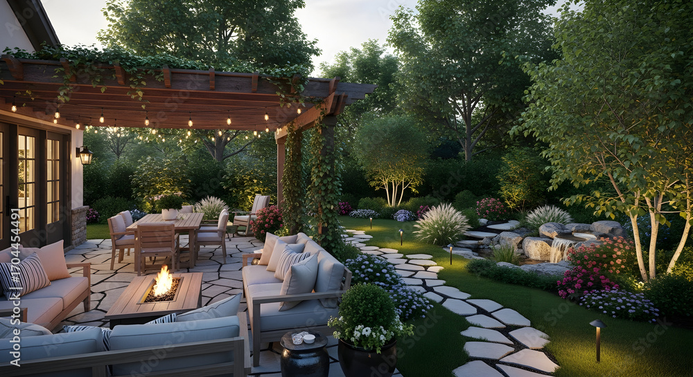 Obraz premium Cozy backyard patio with pergola garden lights and outdoor seating