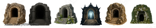 Ancient stone archway set including ruined, mossy, cave, and gothic fantasy entrances isolated. Digital art and game asset collection.