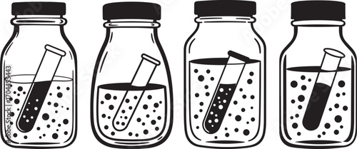 Four glass bottles with test tubes inside containing liquid and bubbles silhouette