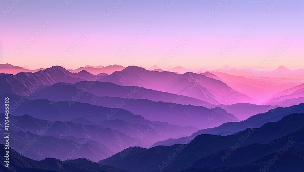 Fototapeta premium Panoramic view of a vast mountain range at sunset, exhibiting a gradient of deep purples and pinks across numerous layers of peaks and valleys. The image is serene and evokes a sense of calm