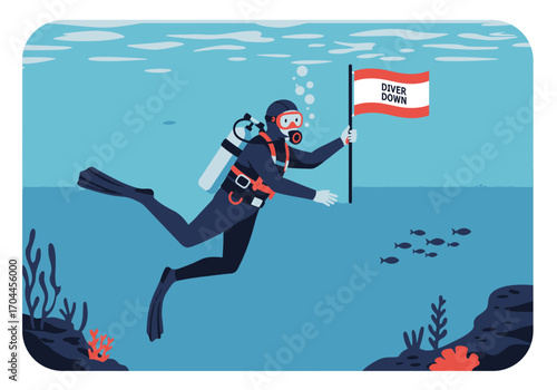 Underwater adventure a diver with a flag in a vibrant coral reef teeming with fish, showcasing the beauty of marine life and exploration