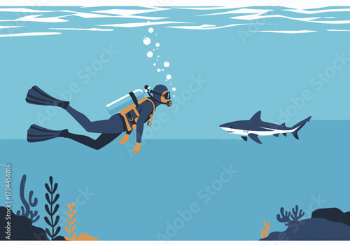 Underwater exploration A scuba diver encounters a shark in the deep blue sea, surrounded by marine life and coral reefs