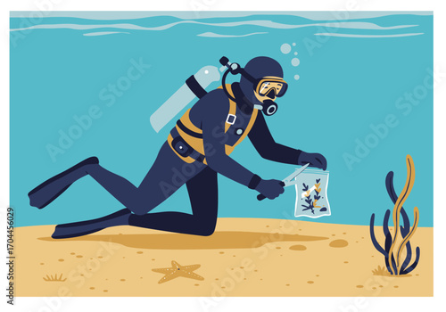 A diver collects marine debris from the ocean floor, highlighting environmental protection efforts