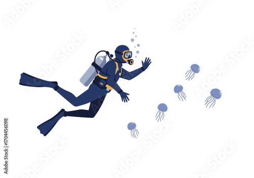 Diver Waves Hello To Jellyfish While Exploring The Ocean