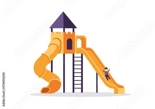 Playful flat illustration of a vibrant outdoor playground slide featuring a child descending from a colorful castle tower, symbolizing joy and fun for kids