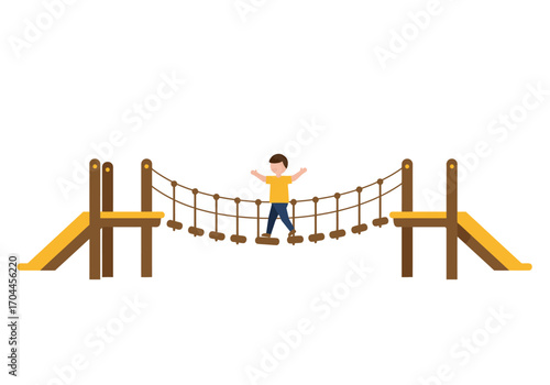 Vector illustration of a young boy having fun while balancing on a wooden rope bridge at an outdoor playground