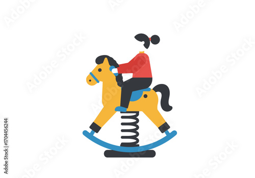 A child's joyful ride on a yellow rocking horse, evoking childhood memories and playtime fun