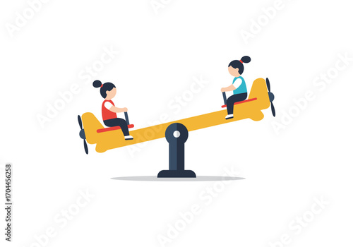 Children playing on a yellow airplane-themed seesaw, illustrating childhood fun and outdoor activities