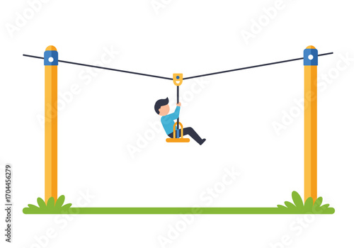 Illustration of a person zip lining between two poles with green grass below