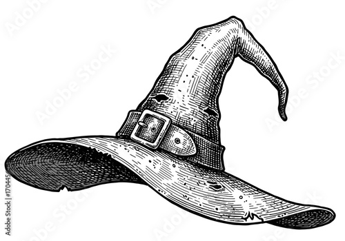 A detailed black and white illustration of a classic pointy witch hat with a buckle and worn texture