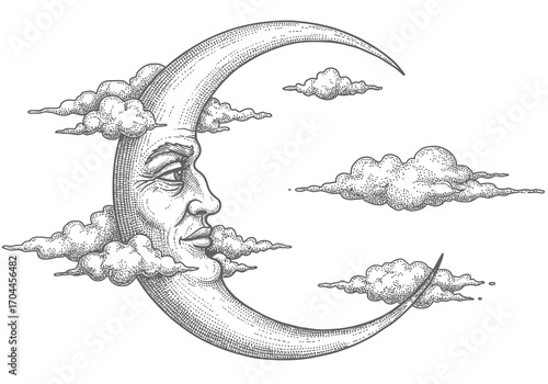 Artistic vintage engraving of a serene crescent moon featuring a gentle human face, elegantly encircled by wispy clouds, evoking classic celestial imagery