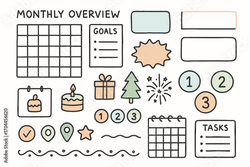 Monthly Planner Icons. Monthly overview doodle icon set: hand drawn icons of month grid, goals section, highlight frames, holiday