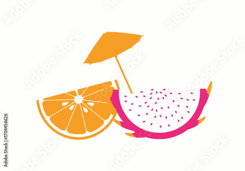 Exotic Fruit Delight A Vibrant Illustration of Orange, Dragon Fruit, and a Tropical Umbrella